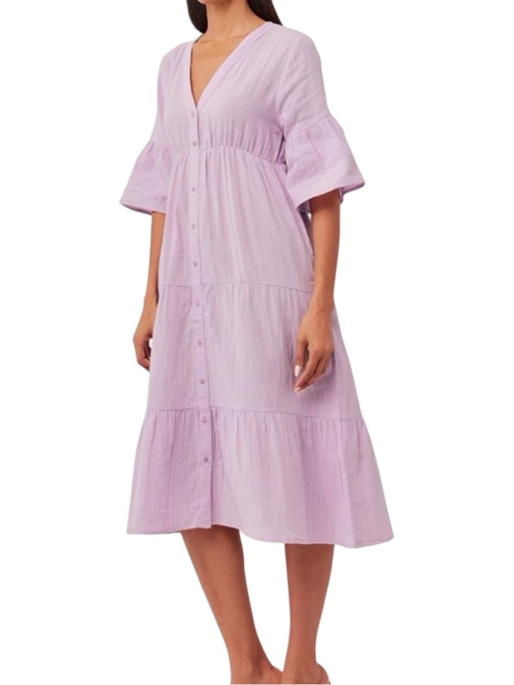 Pact Midi Dress Sz M Tiered Button-Front Flowy Organic Cotton Cottagecore Boho